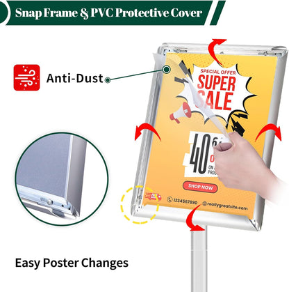 A3 Posterstandaard Set Van 3 Zilver – Posterstandaard – Bordstandaard – Bordhouder – Menustandaard – Verzwaarde Voet 2,6 Kg – Open Klikframe Met UV-Bestendige PVC Hoes