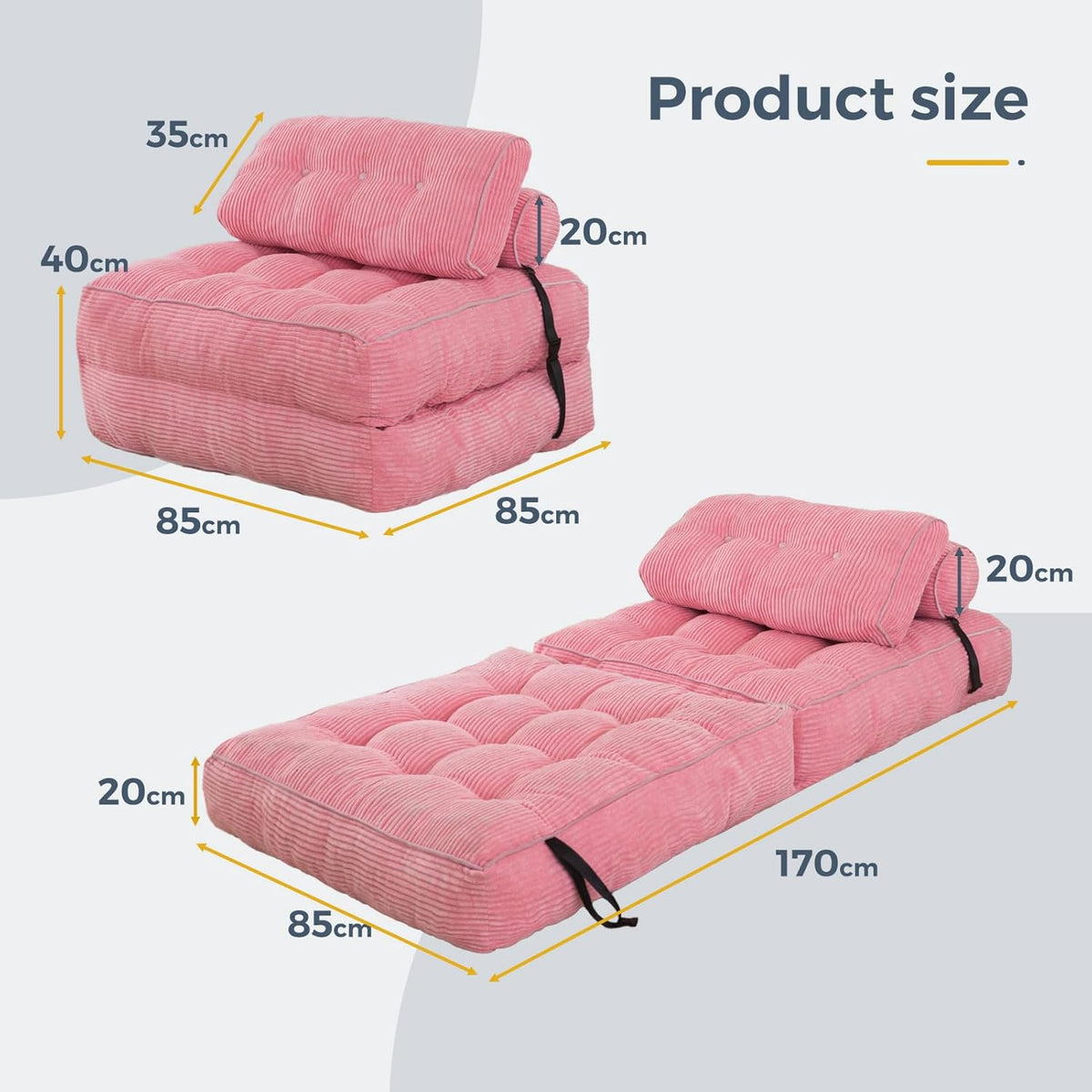 MAXYOYO Opvouwbare slaapbank, omvormbaar met kussen, matras met rugleuning, draagbare bedstoel, comfortabel, vloerbank voor woonkamer slaapkamer, roze