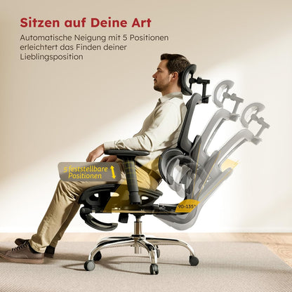 Bureaustoel – Ergonomische Stoel – Office Chair – Gamingstoel – Computerstoel – Volledig Mesh Design – Verstelbare Rugleuning & Voetsteun