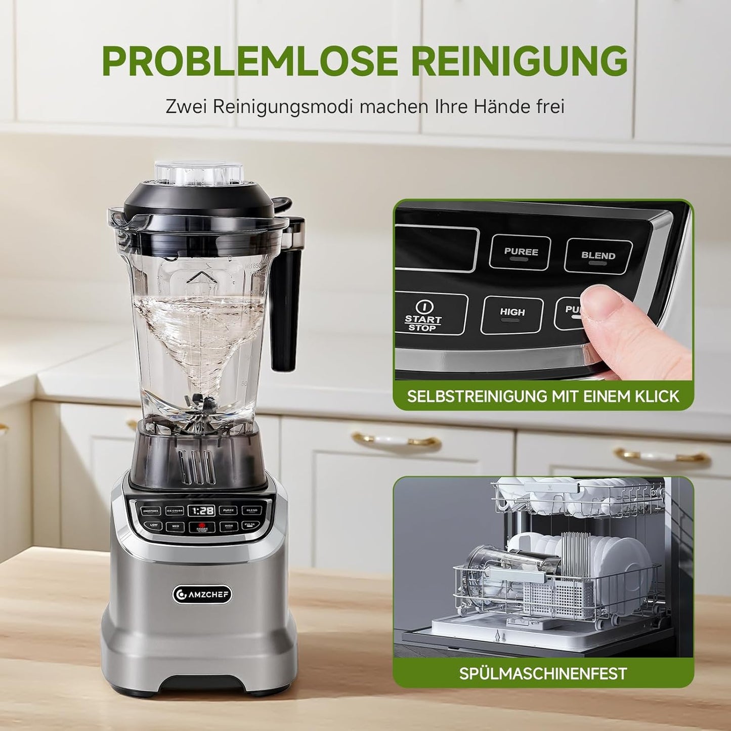 AMZCHEF 2-in-1 blender met twee mengcontainers, blender, krachtige mixer 1800 watt, 1,85 liter en 600 ml, smoothiemaker met 6 messen, draagbare bullet mixer van 600 ml met deksel