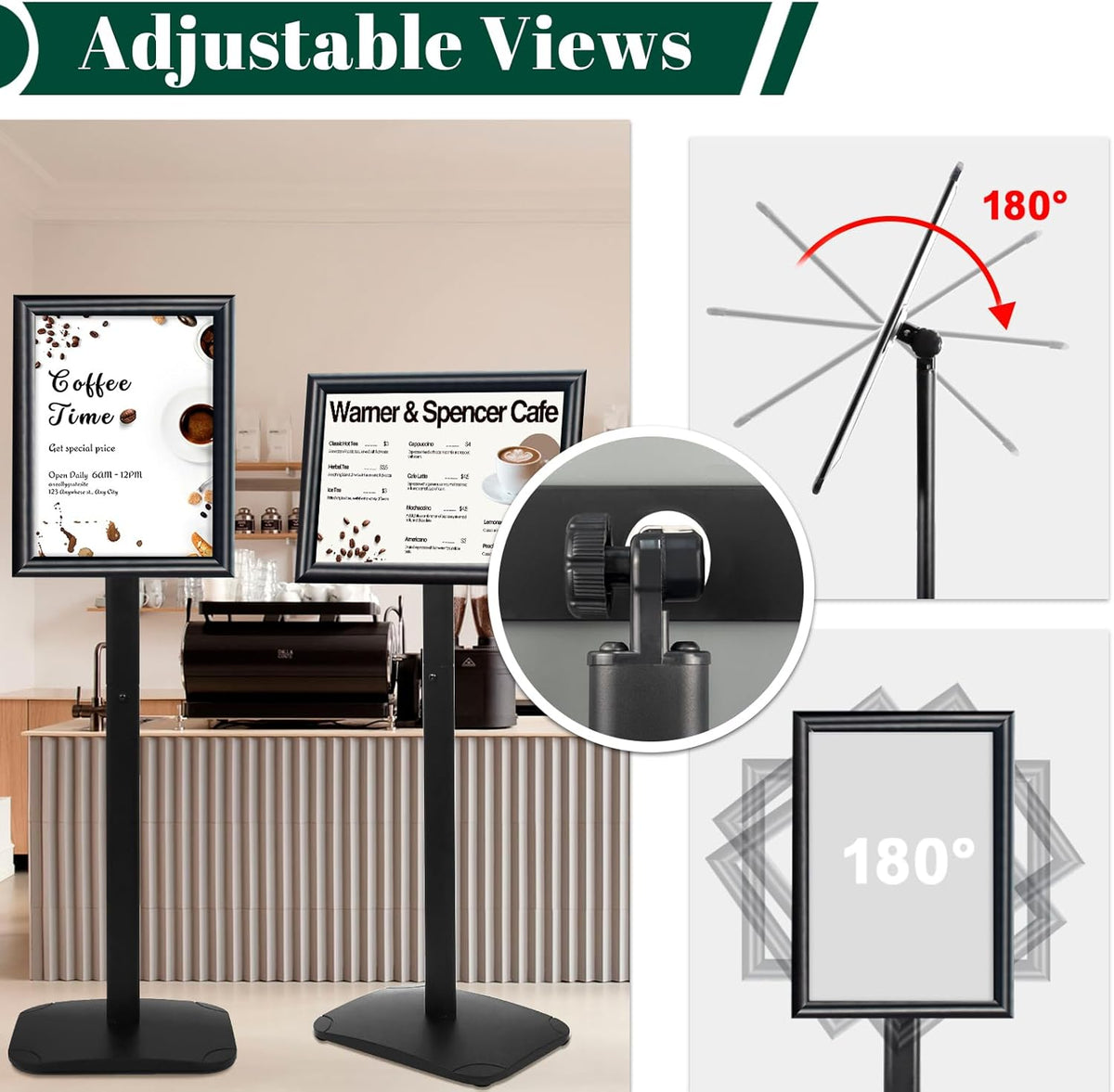 A3-displaystandaard – Posterstandaard – Bordstandaard – Menustandaard – Welkomstbordhouder – Set van 3 Stuks, Zwart – Verzwaarde Basis van 2,6 kg – Verstelbare Kijkhoek 180°/360°