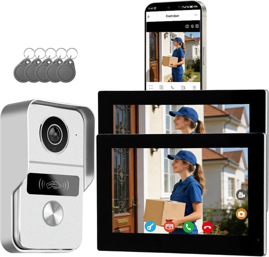 Video-intercom Deurbel met Camera, Videofoon, 7 inch touchscreen, Nachtzicht, Ontgrendeling op afstand, tweerichtingsintercom voor villa met 1 camera en 2 monitoren