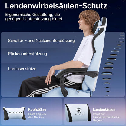 GTPLAYER Gaming Chair, Ergonomic Gamer Chair Made of High Quality Flannel with Lumbar Support, PC Chair with Widened Backrest, Maximum Load 150 kg, Light Blue - QUORE
