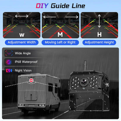 Draadloze achteruitrijcameraset, 10,1 inch touchscreen, 4 achteruitrijcamera's met DVR-opname, nachtzicht, BSD, waterdicht IP68, super groothoek voor vrachtwagens, aanhangers, bestelwagens en bussen
