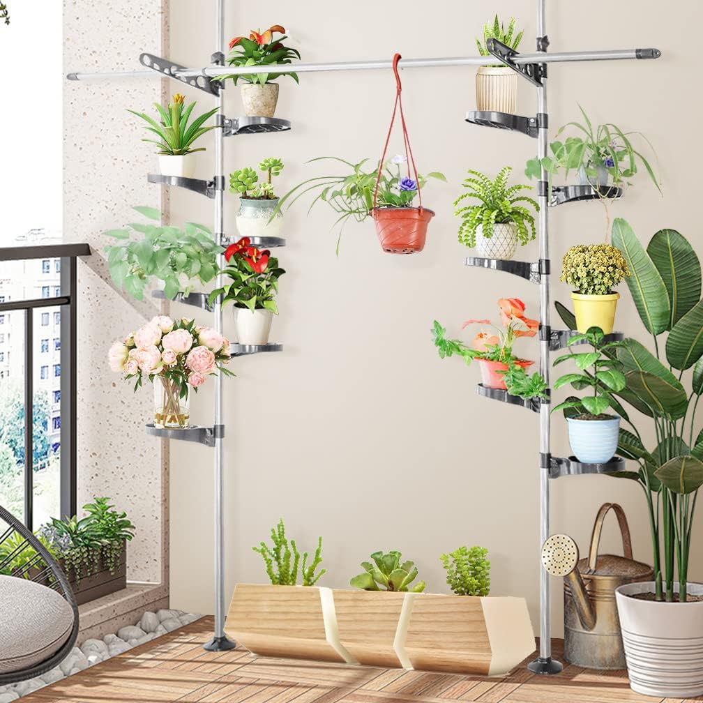 Uitbreidbare plantenstandaard – Plantenhouder – Plantenrek – Bloemenrek – Bloemendisplayrek – Zonder boren, vloer-tot-plafond klembevestiging – Verstelbaar in hoogte 175-290 cm, 12 trays, 2 armen en 1 hangstang