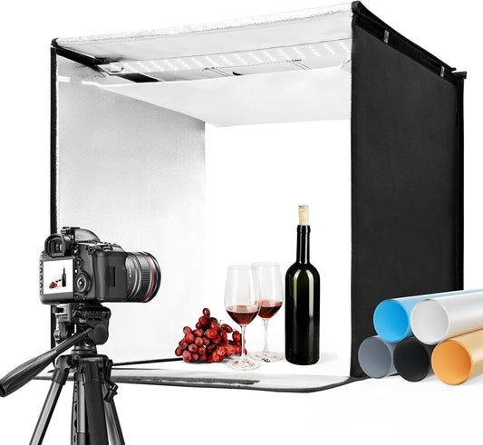 EMART Fotobox 60 x 60 cm, dimbare fotostudioset met 5 productfotoachtergronden en 3 kleuren licht, voor levensmiddelen, sieraden, productfotografie
