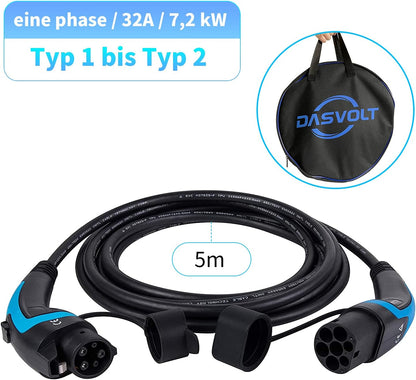 LIGHTEU, DasVolt® EV/Oplaadkabel voor elektrische voertuigen & hybride | Type 1 tot Type 2 | 32 Amp (7,2 kW) / één fase | 5M oplaadkabel voor thuis