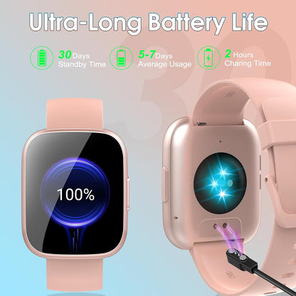 Puqo Smartwatch voor heren en dames, 1,95 inch smartwatch, oproepen beantwoorden en beantwoorden, 112 sportmodi, fitnesstracker met stappenteller, slaap-/hartslagmeter, IP68 smartwatch, lichtroze