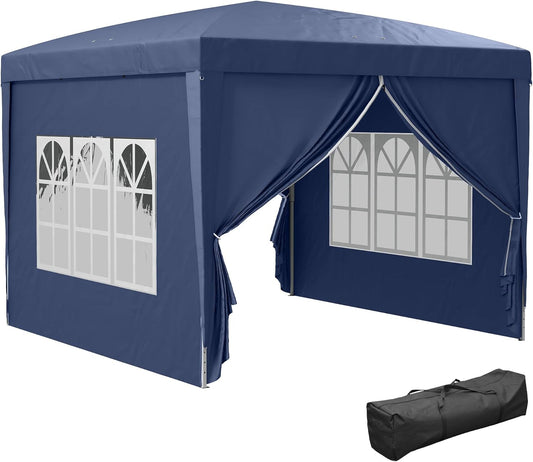 Outsunny Pavilion Barnum Folding Gazebo 3 x 3 x 2.6 m with Windows, Transport Bag, Blue - QUORE