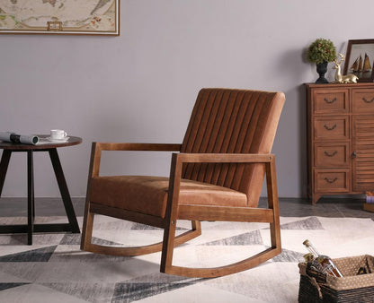 chairus Schommelstoel voor woonkamer PU-lederen leesfauteuil gestoffeerd accent relaxstoel met houten poten (bruin)