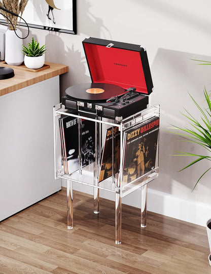 Platenspeler rek acryl – Platenspeler tafel – Platenspelerstandaard – Vinylplaten opbergtafel – Acryl bijzettafel – 43 x 37 x 66 cm – Transparant ontwerp