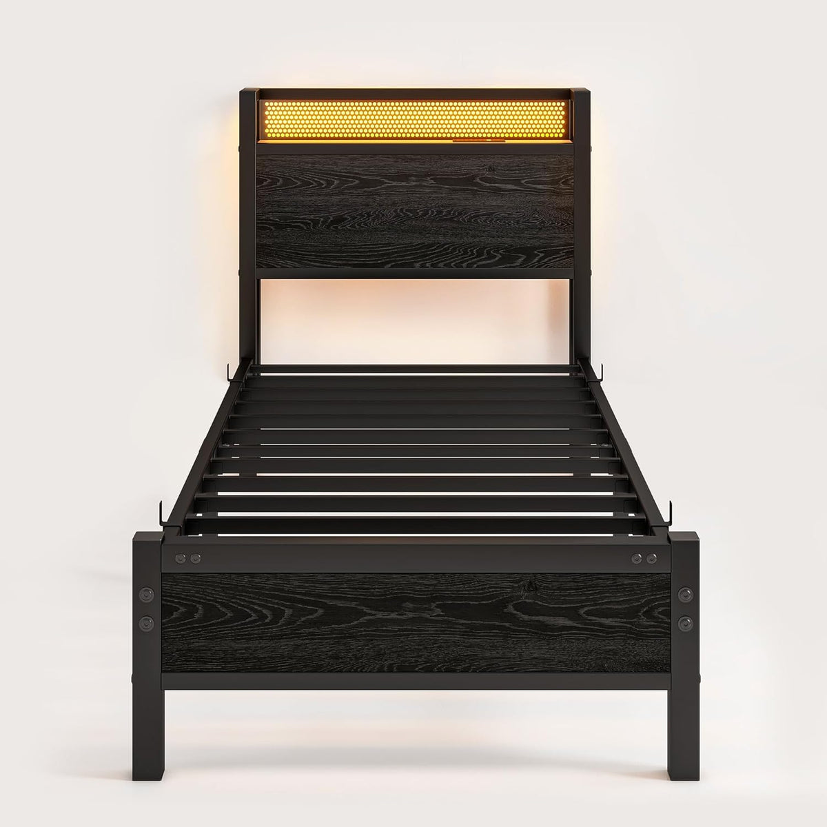 Eenpersoonsbedframe met houten opberghoofdeinde, 90 cm, houten bedframe, eenpersoonsbed met oplaadstation, USB-poorten en ledverlichting, zwart