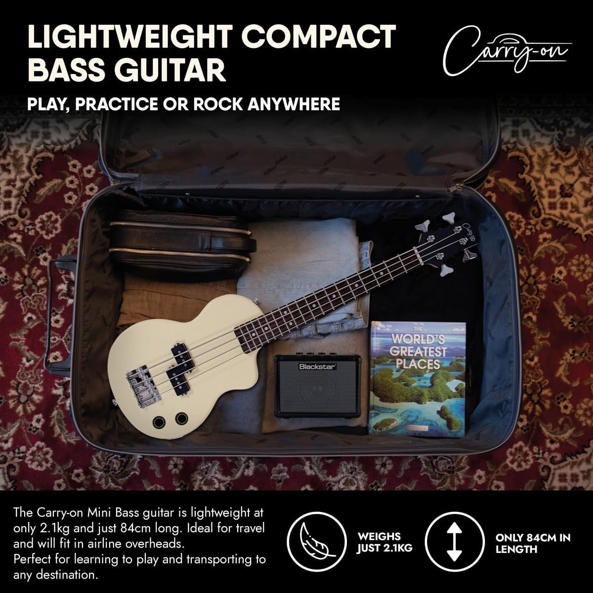Carry-on By Blackstar Mini Elektrische Basgitaar Vintage Wit Perfect voor Kinderen en Volwassenen, Beginners en Reizen