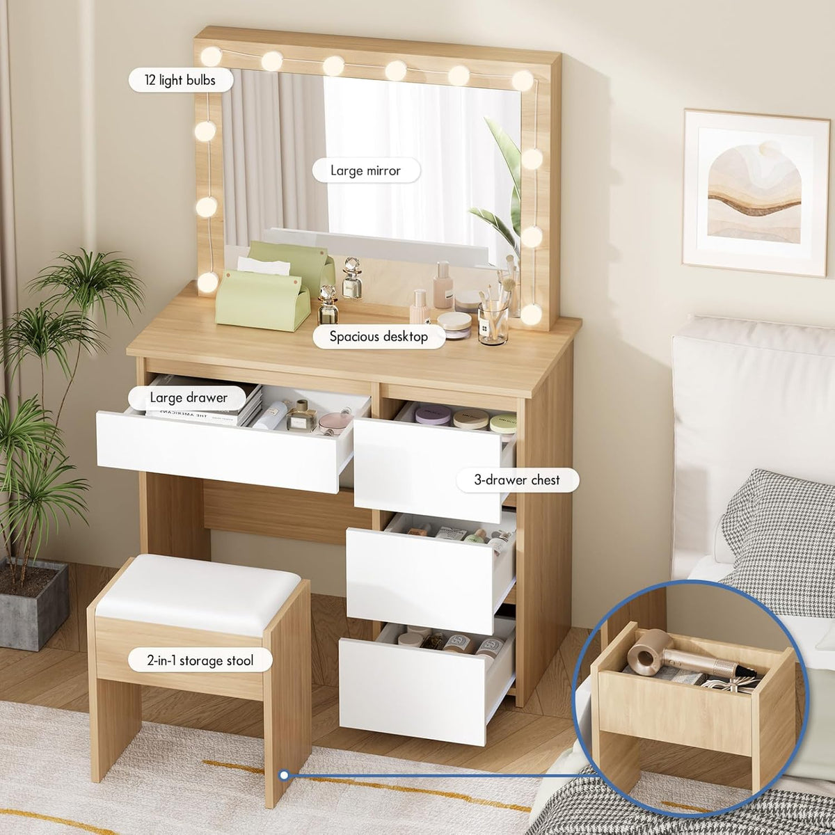 Make-uptafel – Kaptafel – Schminktisch – Make-up tafel – Make-up bureau – 4 Laden Opbergruimte – Verstelbare 12 LED Lampen