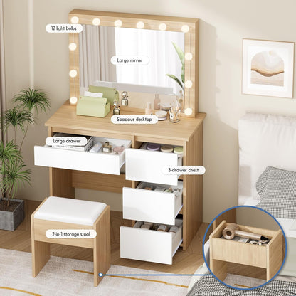 Make-uptafel – Kaptafel – Schminktisch – Make-up tafel – Make-up bureau – 4 Laden Opbergruimte – Verstelbare 12 LED Lampen