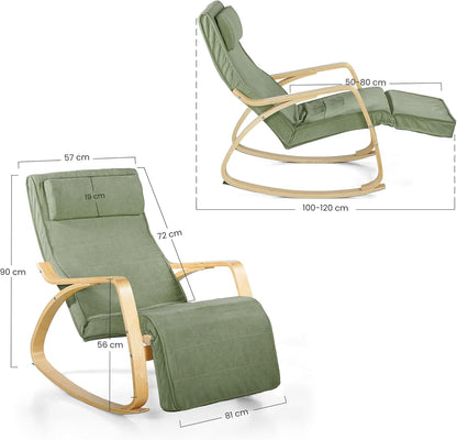 WeHome Swing Amor Schommelstoel met armleuningen van hout, Rocking Chair, schommelstoel met verstelbare voetensteun, woonkamerstoel, slaapkamerstoel (stof, groen)