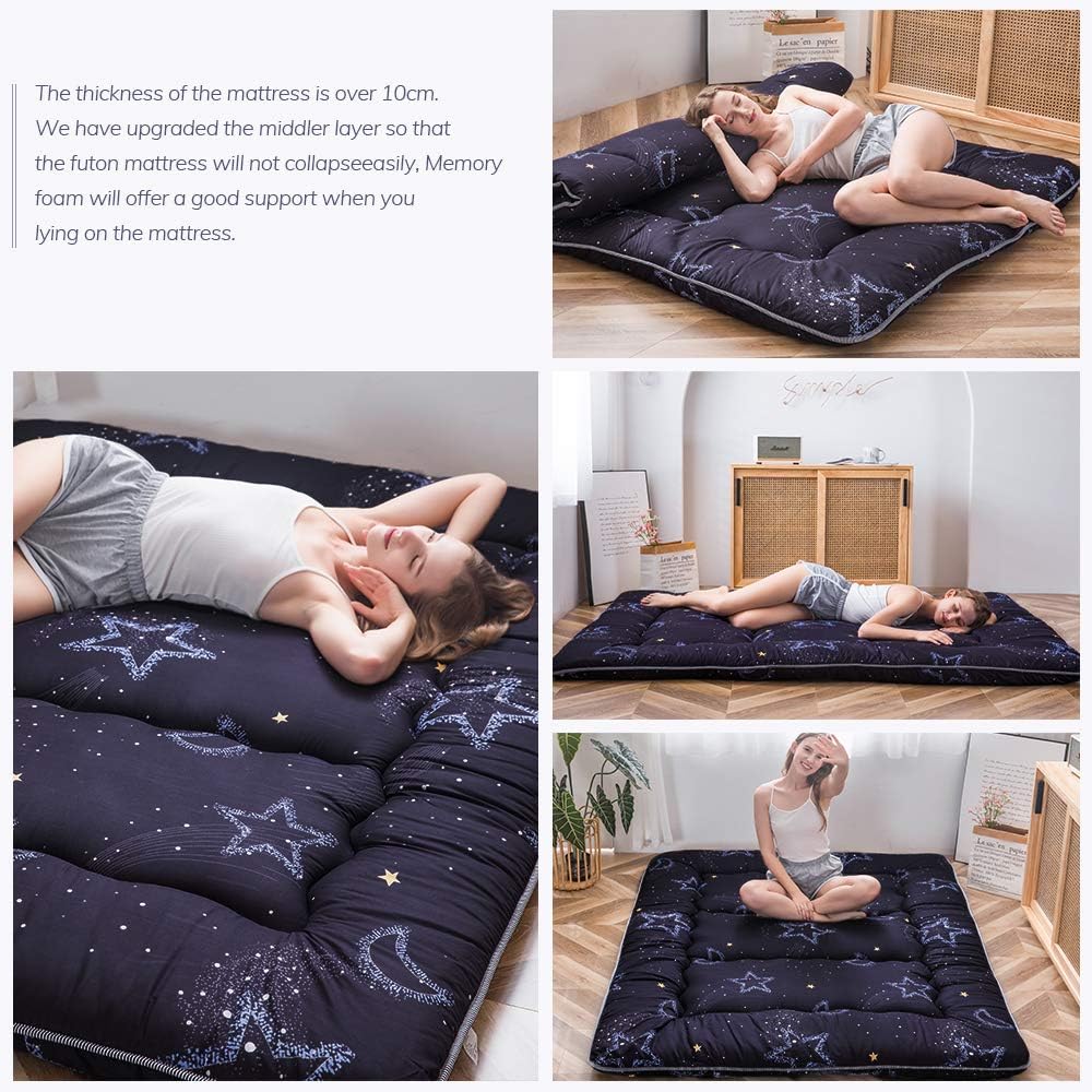 MAXYOYO Japanse Futon matras met patroon, gewatteerde logeermatras, logeerbed, opvouwbaar, tatami, mat, ademend, logeerbed voor camping, bank, droom, maan, 135 x 190 cm