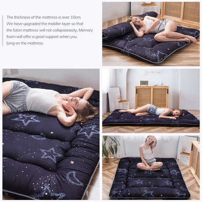 MAXYOYO Japanse Futon matras met patroon, gewatteerde logeermatras, logeerbed, opvouwbaar, tatami, mat, ademend, logeerbed voor camping, bank, droom, maan, 135 x 190 cm