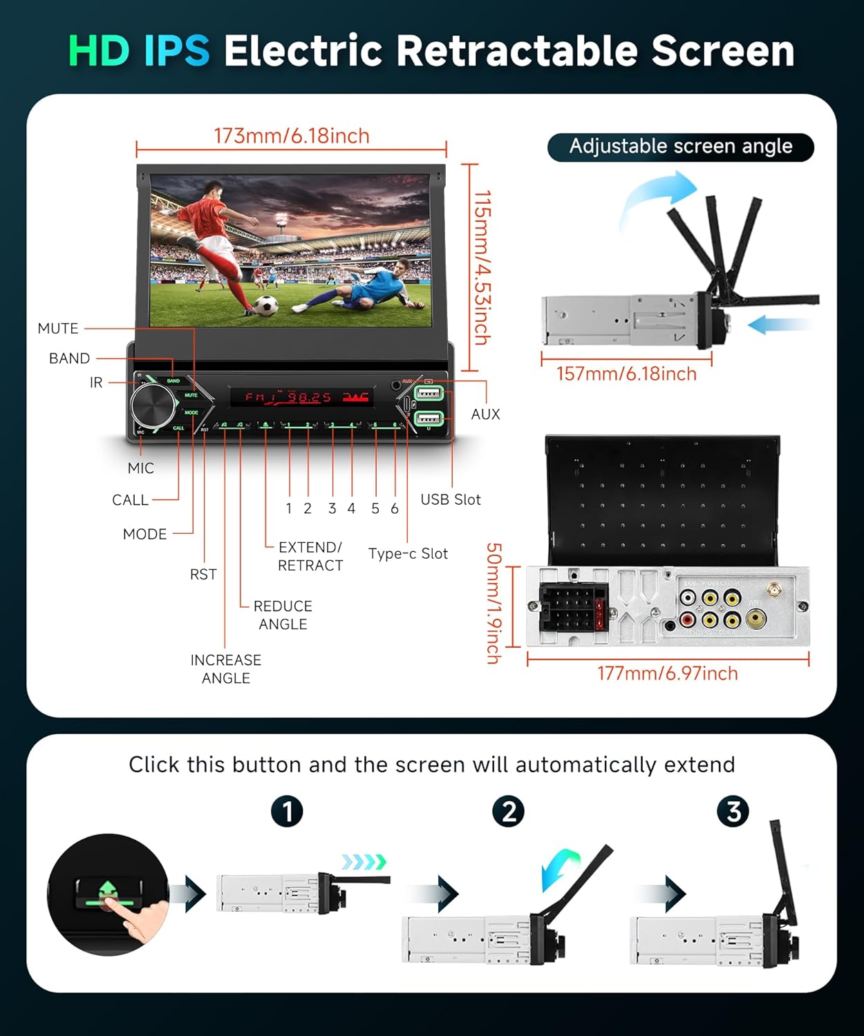 1 DIN DAB+ autoradio met 7-inch gemotoriseerd touchscreen, draadloze CarPlay & Android Auto, Podofo autoradio met Bluetooth, USB-C, Mirror Link en achteruitrijcamera