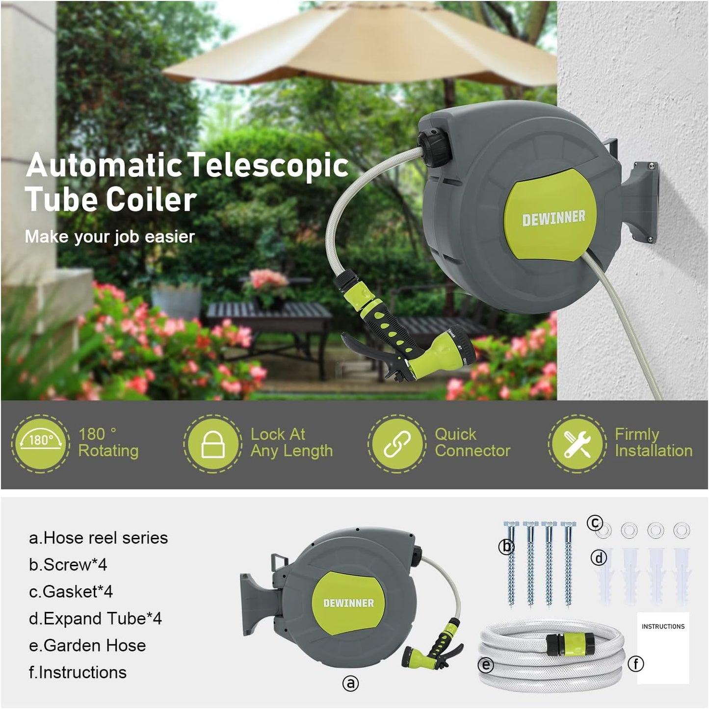 DEWINNER Automatische tuinslanghaspel, 20 + 2 m, automatische wandroller, met sproeimondstuk, automatische oprolhouder, intensief gebruik, irrigatie buiten de slang