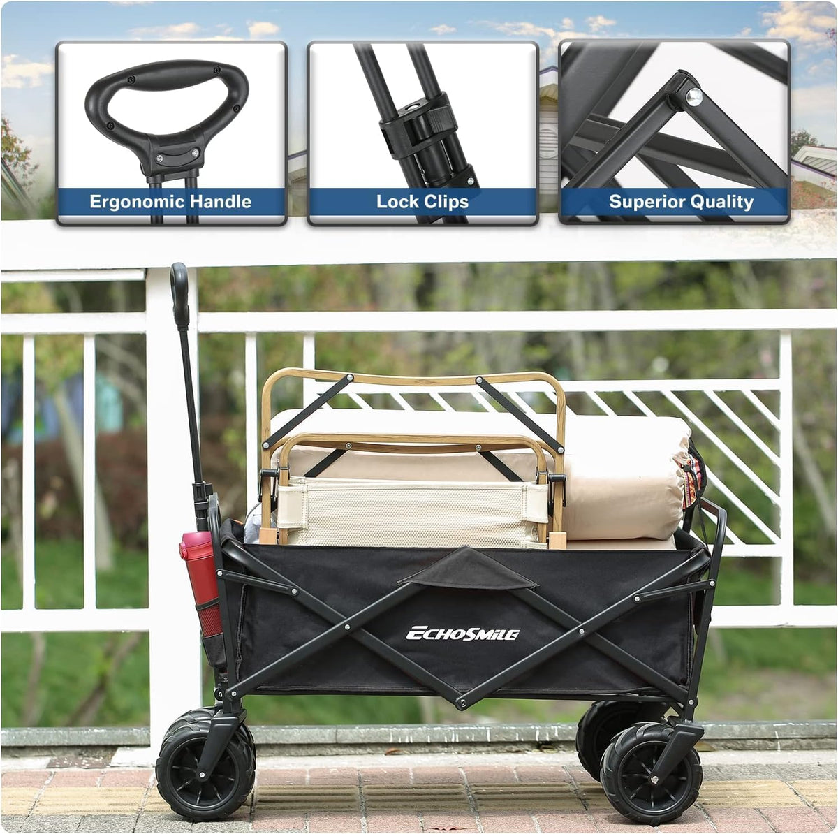 EchoSmile Bolderkar, opvouwbaar, 200 l, 160 kg, handwagen, transportwagen, inklapbaar met verstelbare handgreep en zijzakken, brede wielen, voor alle terrassen, strandwagen, tuinwagen, winkelwagen