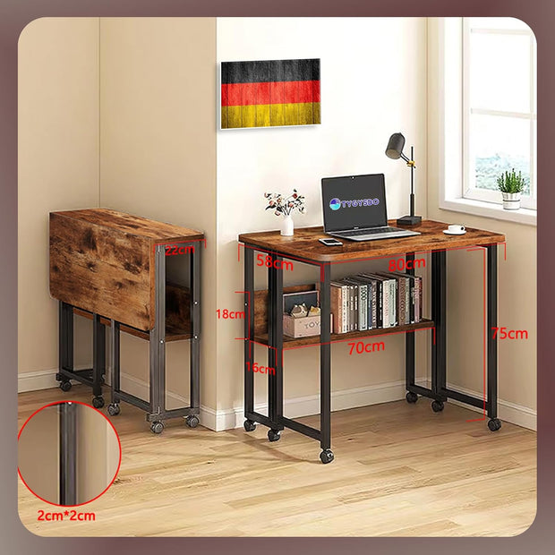 Computertafel - Computerbureau - Laptoptafel - Inklapbaar Kleine Tafel - Werktafel - Bijzettafel - met Wieltjes - Opvouwbare - IndustriëLe Stijl - voor - Thuis - Kantoor - 80 x 58 x 79 cm - Vintage Koffie