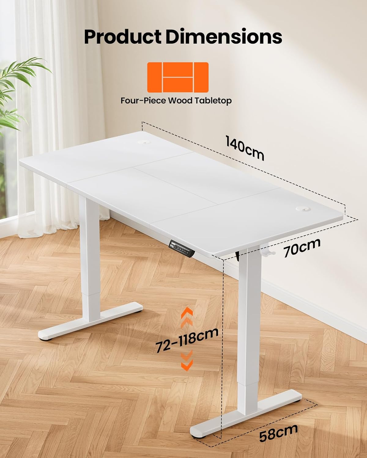 ErGear Elektrisch Zit-Sta Bureau Hoogte Verstelbaar 140 x 70 cm, Zit-Sta Bureau met 4 Geheugen Smart Paneel, Kantoor Bureau thuis met Verdeelplaat