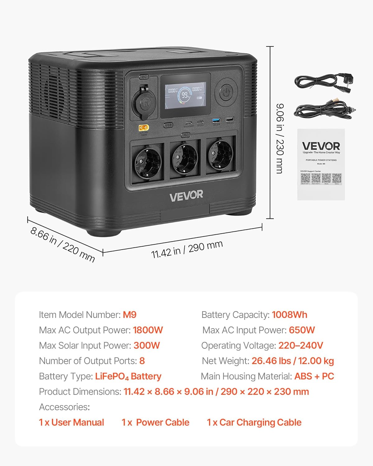VEVOR LiFePO4 draagbaar powerstation, 1800 W, back-up accu, 1008 WH, met 8 uitgangen, voor thuis, camping, reizen in de camper, zonnepaneel niet inbegrepen
