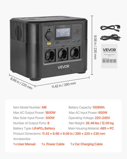 VEVOR LiFePO4 draagbaar powerstation, 1800 W, back-up accu, 1008 WH, met 8 uitgangen, voor thuis, camping, reizen in de camper, zonnepaneel niet inbegrepen