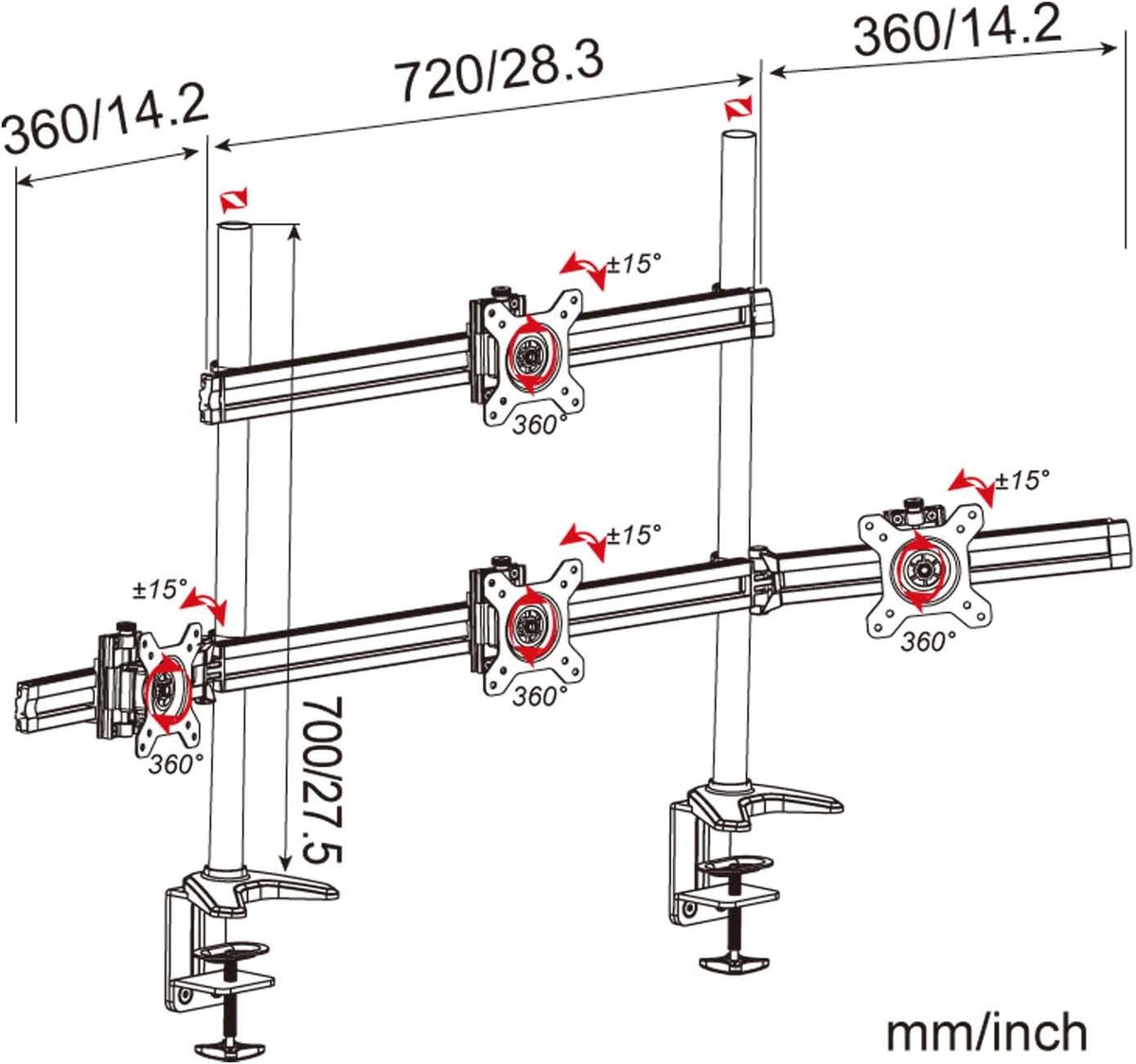 HFTEK MP234C-N bureaustandaard voor vier 15 inch - 27 inch monitor monitor met VESA 75/100