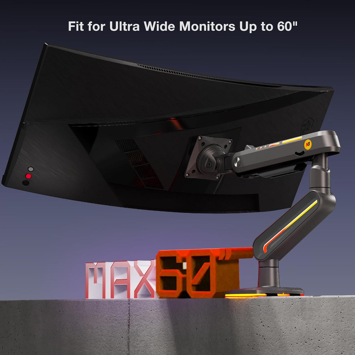Monitor arm met RGB verlichting – Zwart – Monitorhouder, monitorsteun, schermarm, beeldschermhouder – Voor vlakke, ultrabrede en gebogen schermen van 32 tot 60 inch – Belastbaar tot 20 kg, VESA 75x75 en 100x100 mm