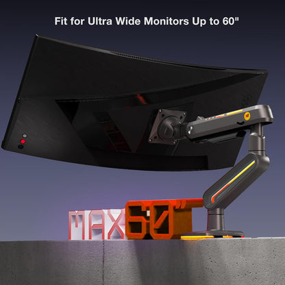 Monitor arm met RGB verlichting – Zwart – Monitorhouder, monitorsteun, schermarm, beeldschermhouder – Voor vlakke, ultrabrede en gebogen schermen van 32 tot 60 inch – Belastbaar tot 20 kg, VESA 75x75 en 100x100 mm