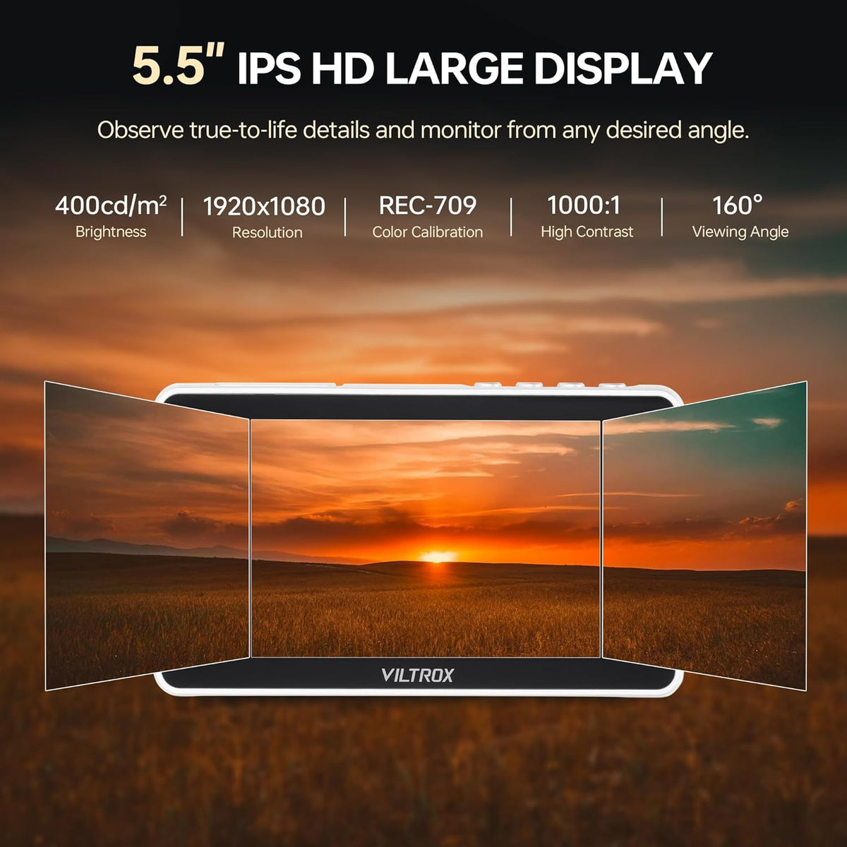 VILTROX DC-V1 5,5 inch Touchscreen Camera Veldmonitor DSLR-monitor met 3D LUT Golfvorm 400Nits 160 ° Brede kijkhoek 1920X1080 IPS 4K HDMI Loop in/Out Video Peaking Focus Assist, Batterij/Zonnescherm
