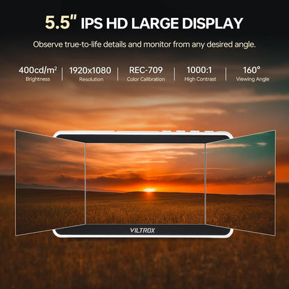 VILTROX DC-V1 5,5 inch Touchscreen Camera Veldmonitor DSLR-monitor met 3D LUT Golfvorm 400Nits 160 ° Brede kijkhoek 1920X1080 IPS 4K HDMI Loop in/Out Video Peaking Focus Assist, Batterij/Zonnescherm