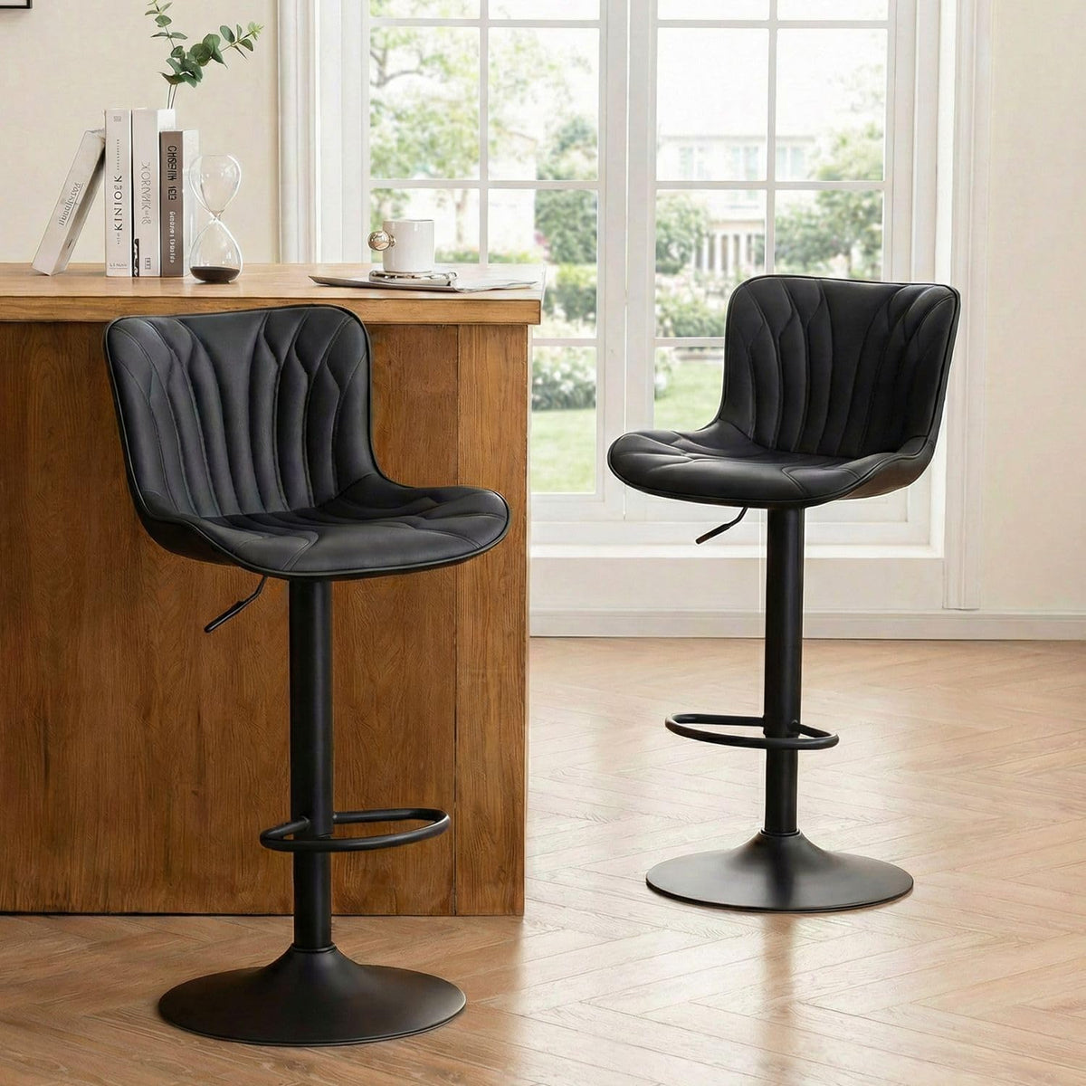 YOUNIKE Barkrukken, 2-delige set, draaibare hoogteverstelling, barstoel, kunstleer, bekleding, barstoelen, toonbankkruk, moderne barkrukken, keukenkruk met hoge rugleuning, zwart