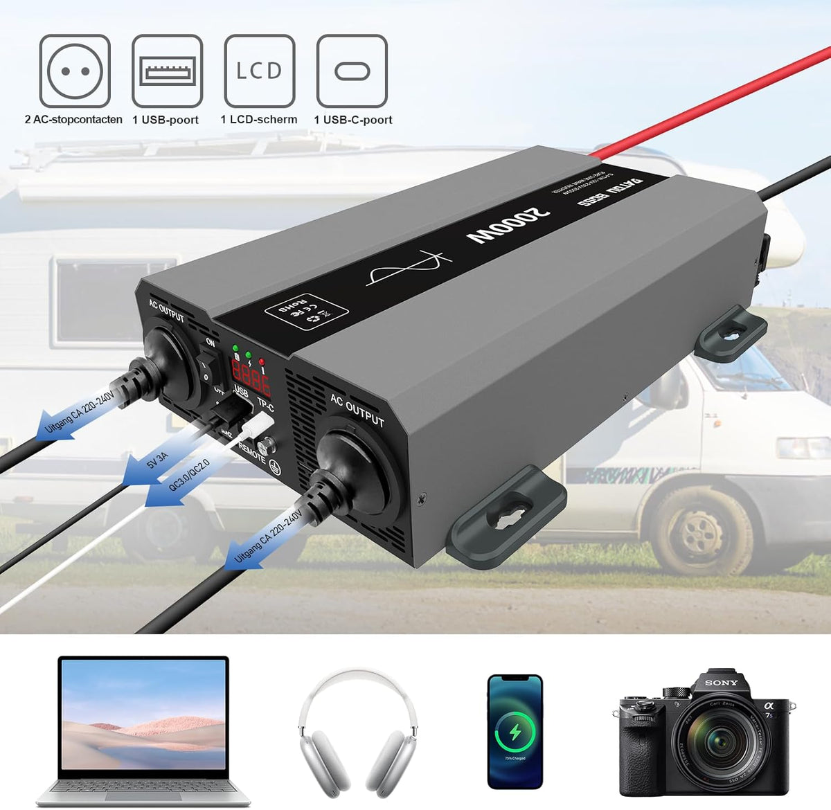 DATOUBOSS Omvormer 12v naar 230v Zuivere Sinus 2000w, Omvormer 12v naar 230v met AC-Aansluiting en 3A USB-Poort Soor Thuis, Camper, Off-Grid Zonne-Energie-Inverter (SAK-12V2000W)