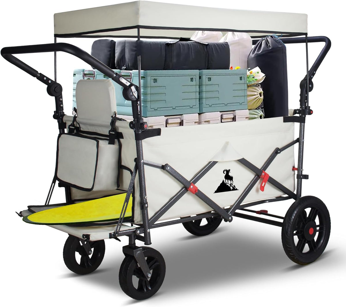 Bolderkar, inklapbaar, met 2 zitplaatsen en remmen, campingwagen voor uitstapjes, handwagen met 120 l grote opbergruimte, PU volle banden, tot 120 kg draagkracht (beige)