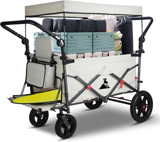 Bolderkar, inklapbaar, met 2 zitplaatsen en remmen, campingwagen voor uitstapjes, handwagen met 120 l grote opbergruimte, PU volle banden, tot 120 kg draagkracht (beige)