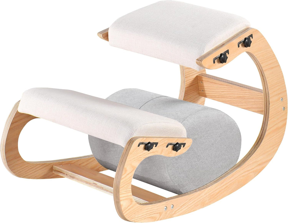 Ergonomische kniestoel, verstelbare schommelstoel van hout, verbeter je houding met een schuine zitting voor thuis, kantoor (wit eiken)