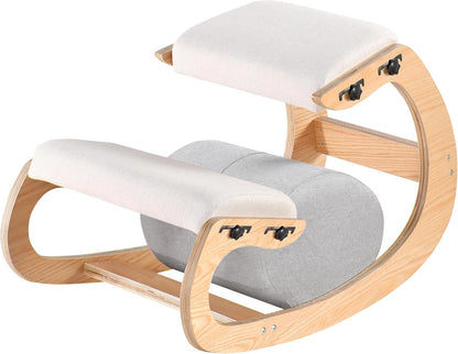 Ergonomische kniestoel, verstelbare schommelstoel van hout, verbeter je houding met een schuine zitting voor thuis, kantoor (wit eiken)