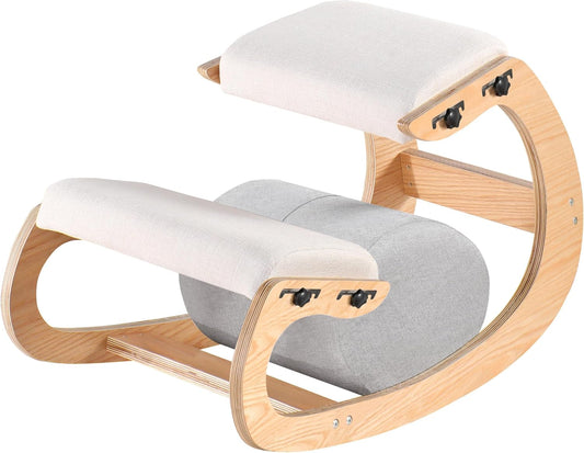 Ergonomische kniestoel, verstelbare schommelstoel van hout, verbeter je houding met een schuine zitting voor thuis, kantoor (wit eiken)