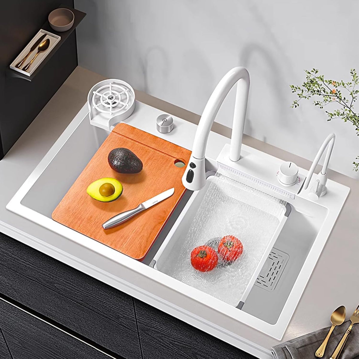 Waterval Gootsteen, Waterval Spoelbak Keuken, 304 Roestvrij Staal Gootsteen met Enkele Spoelbak met Uittrekbare Keukenkraan en Meerdere Accessoires Waterfall Kitchen Sink (Wit, 85x45x20cm)