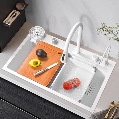 Waterval Gootsteen, Waterval Spoelbak Keuken, 304 Roestvrij Staal Gootsteen met Enkele Spoelbak met Uittrekbare Keukenkraan en Meerdere Accessoires Waterfall Kitchen Sink (Wit, 85x45x20cm)