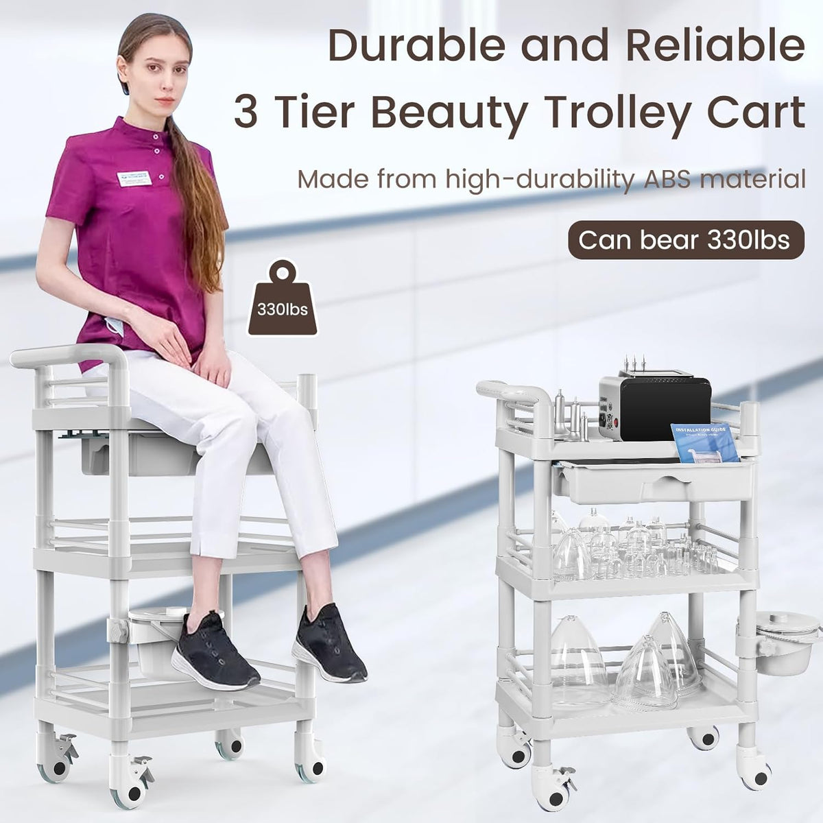 Iklestar Trolley Cart met 3 etages met emmer en grote lade, multifunctionele serveerwagen voor schoonheidssalon, spa, kantoor, kliniek, thuis, 360° draaibare stille wielen