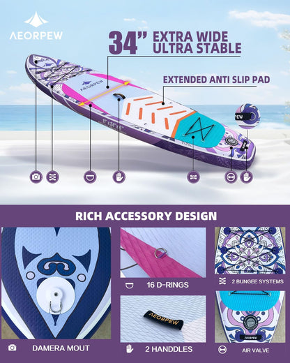 34" breed opblaasbaar paddleboard voor dames met premium paddleboardaccessoires, Adj SUP-peddel, 100 l rugzak, geschikt voor veelzijdige SUP-boards van alle vaardigheidsniveaus