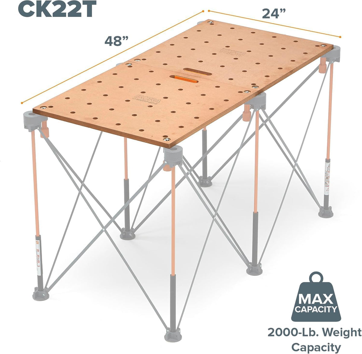 Bora Centipede Werkbank Tafelblad voor Bora Duizendpoot Werkstandaard Zaagpaarden - 24" x 48" - Inclusief Houten Top met 20mm Hondengaten + 6 Quick-Twist Lock Handgrepen voor Draagbare, Tijdelijke