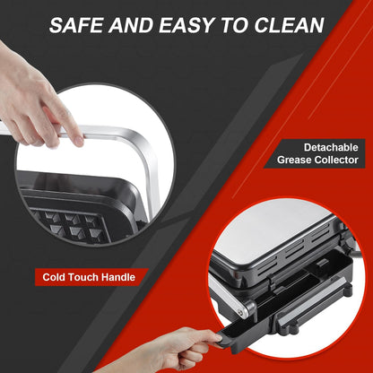 AMZCHEF 4-in-1 machine (contactgrill, Griddle, wafelijzer, sandwichmaker), 2000 W, met 4 afneembare platen met antiaanbaklaag, met vrij instelbare tijd en temperatuur, zwart en zilver
