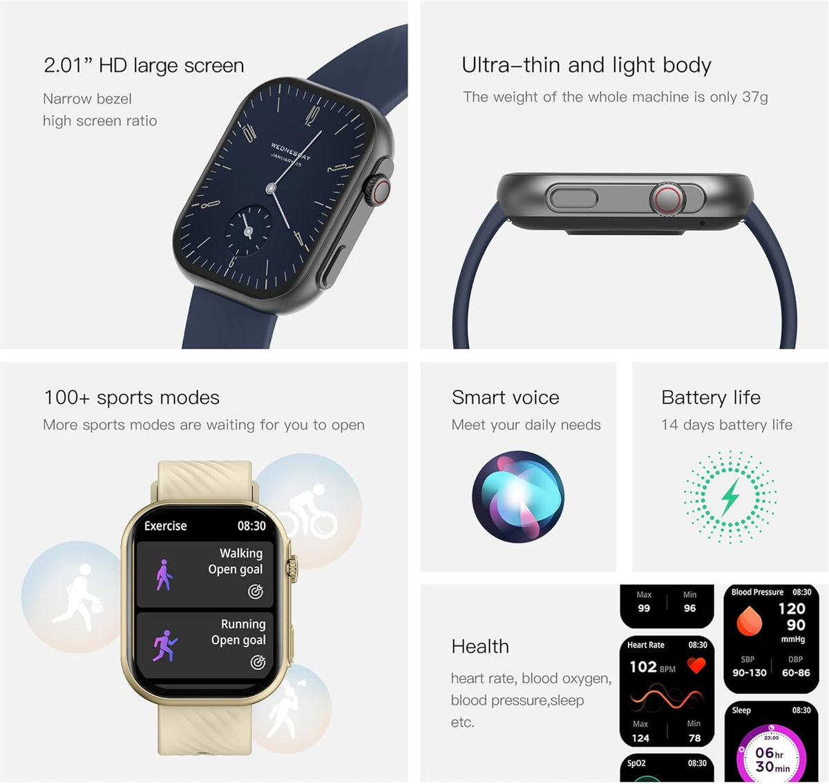 Smartwatch Damen met Bellen/Kiezen via Bluetooth, 2,0” Smart Watch 123 Sportmodus, Slaapmonitor Menstruatie volgen, Calorie Stappenteller Stopwatch Smart Activity-Armband voor Android iOS (Goud)