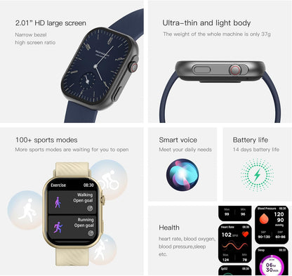 Smartwatch Damen met Bellen/Kiezen via Bluetooth, 2,0” Smart Watch 123 Sportmodus, Slaapmonitor Menstruatie volgen, Calorie Stappenteller Stopwatch Smart Activity-Armband voor Android iOS (Goud)