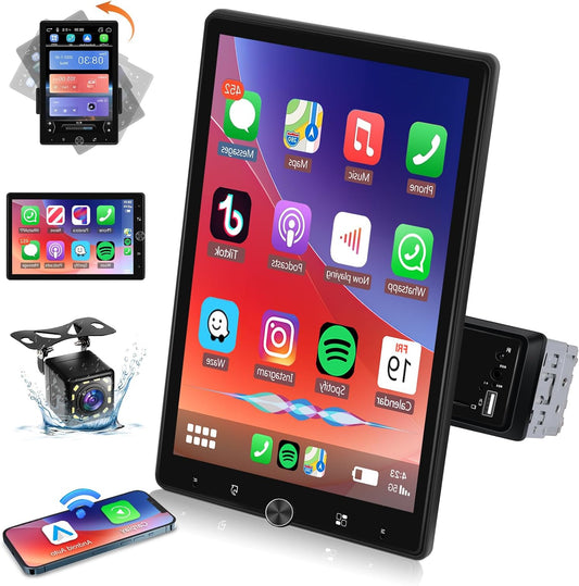 Car radio 1 Din with wireless Carplay Android car, 10.4 inch touch swivel screen car radio Bluetooth, FM radio, shift mirrors, 2 USB, rear view camera - QUORE
